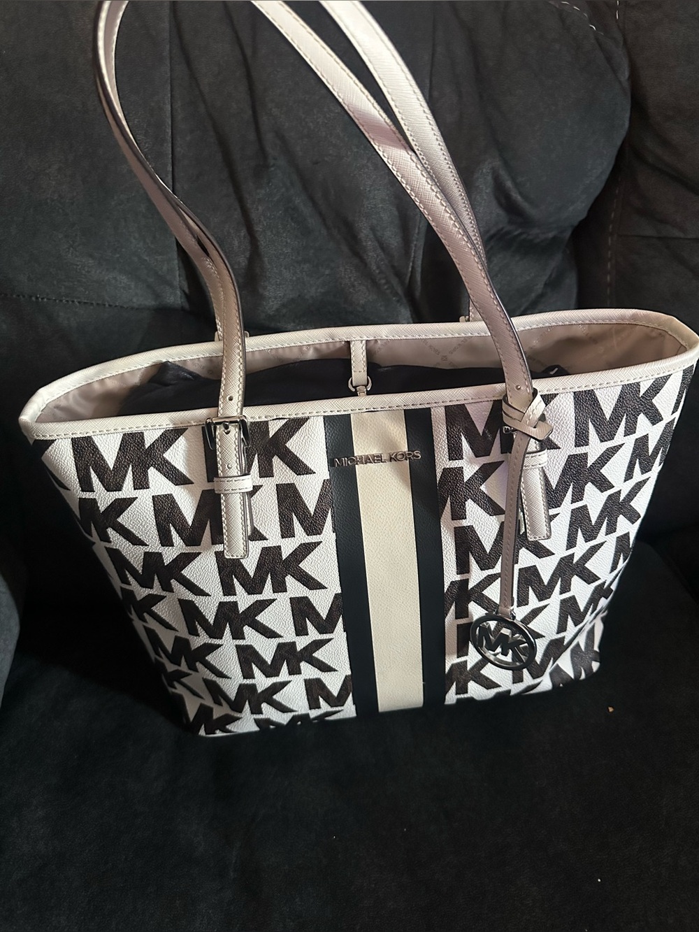 Michael Kors White/Black Logo Tote Bag with Bag Charm